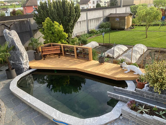 Zeigt einen schönen kleinen Koi Teich im Steingarten-Stil, mit einem interessanten Wassereinlauf sowie einer Art Brücke/Plattform, welche zum verweilen und abschalten einlädt.