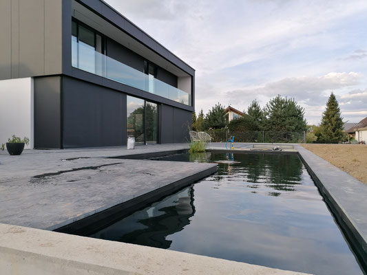 Zeigt den fertigen Teich bei einem Neubau. Der Teich ist modern und ist für Koi ausgelegt.